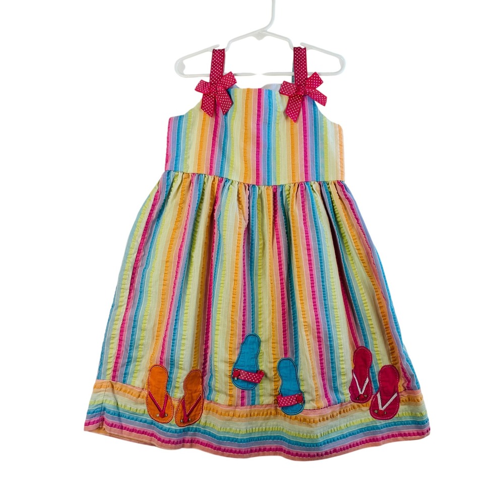 Rare Too‎ Rainbow Stripe Dress 6 Girls Flip Flop Appliqué Bright Summer Playful